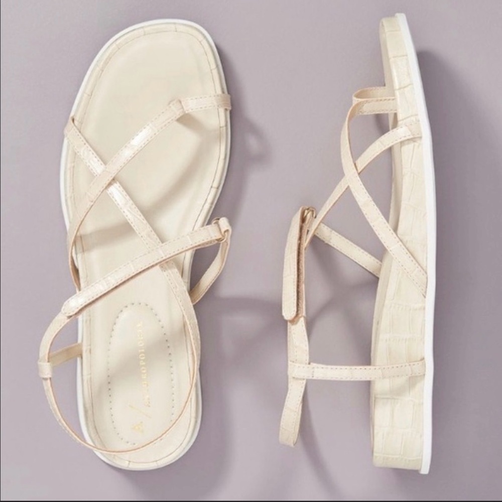 Anthropologie Marina Strappy Sandals Wedge Ivory Cream Croc Size 40/9 Leather